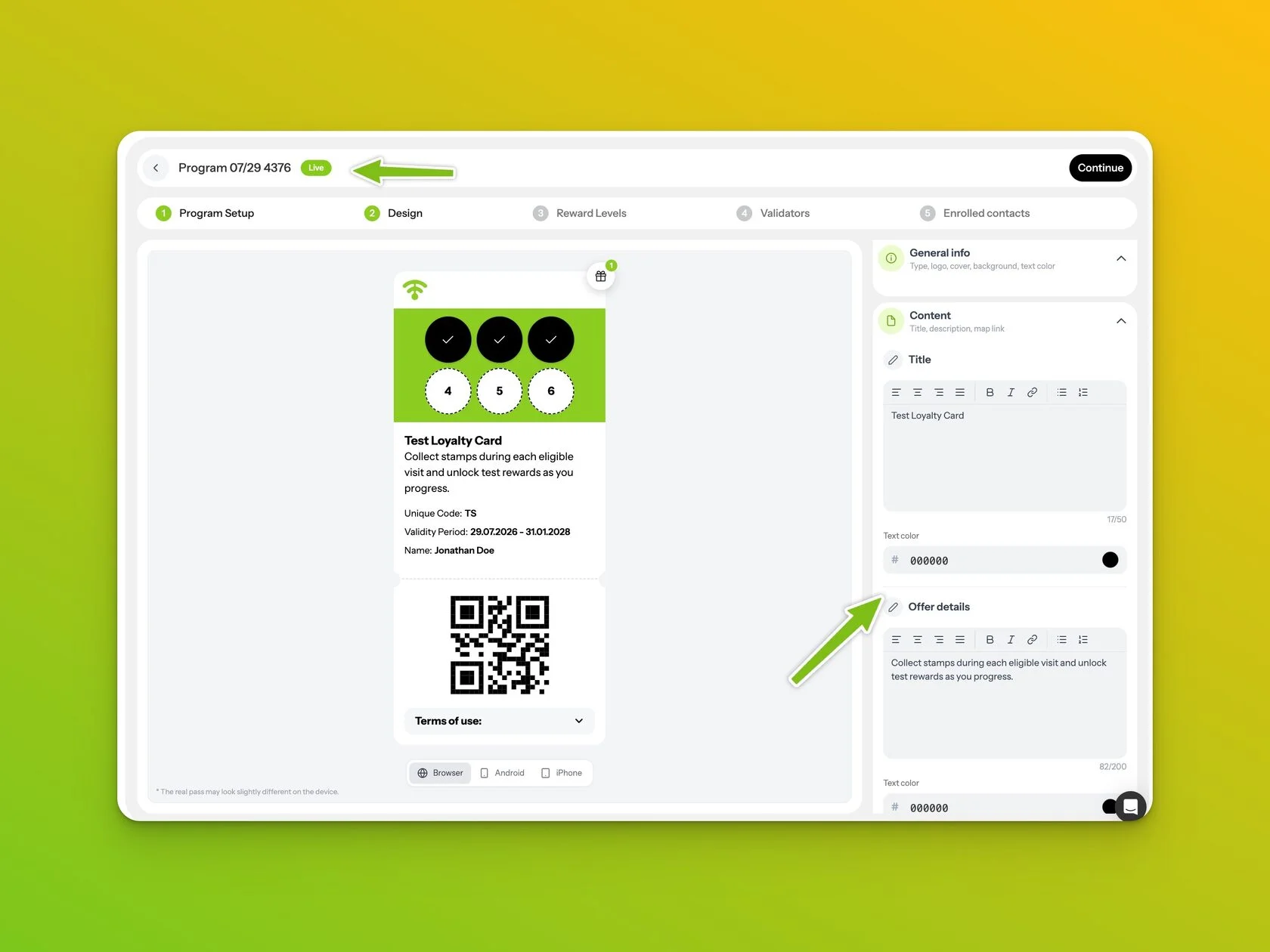 Live loyalty Program open on the Design step with editable title and offer details