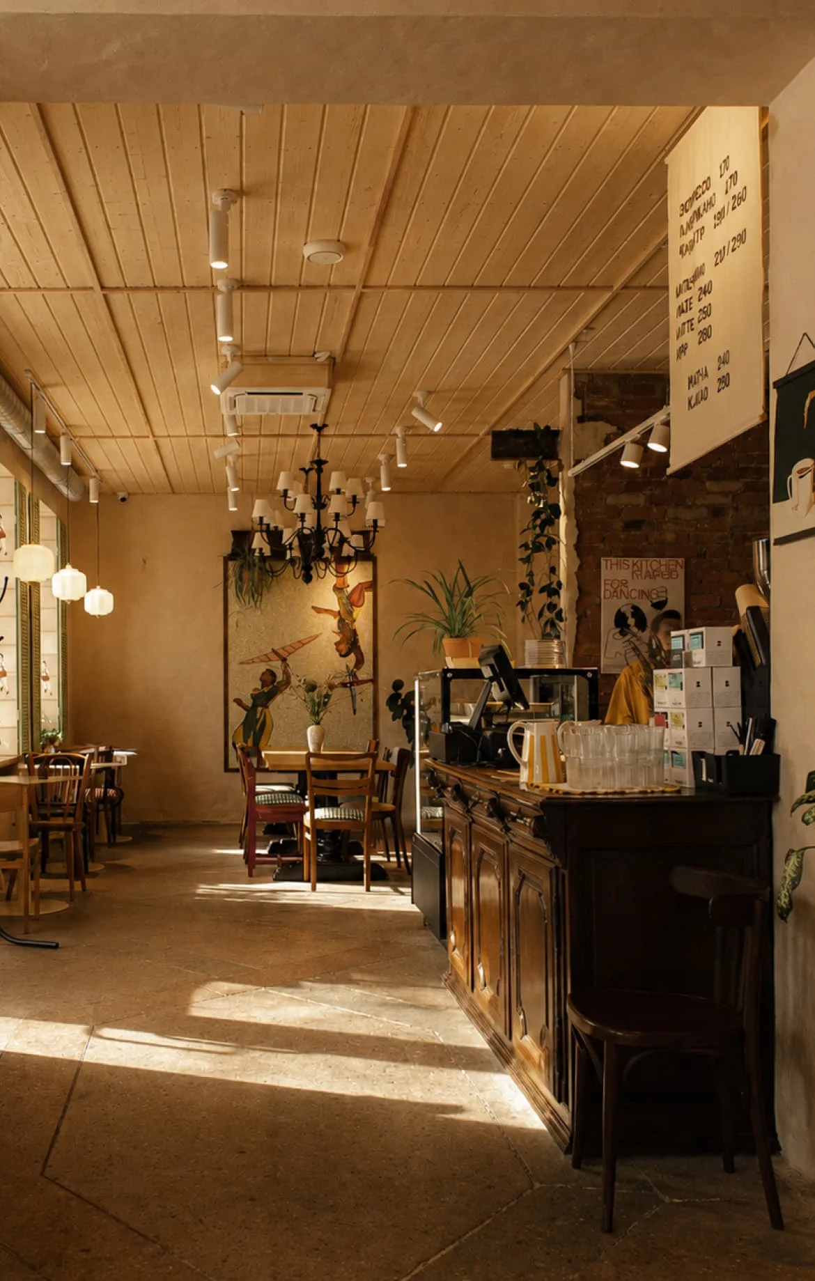 Fabric menu in the café interior