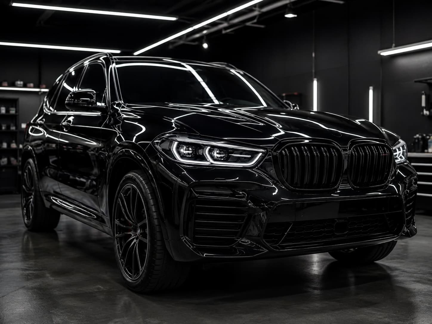 Full glossy black SUV in a dark detailing studio