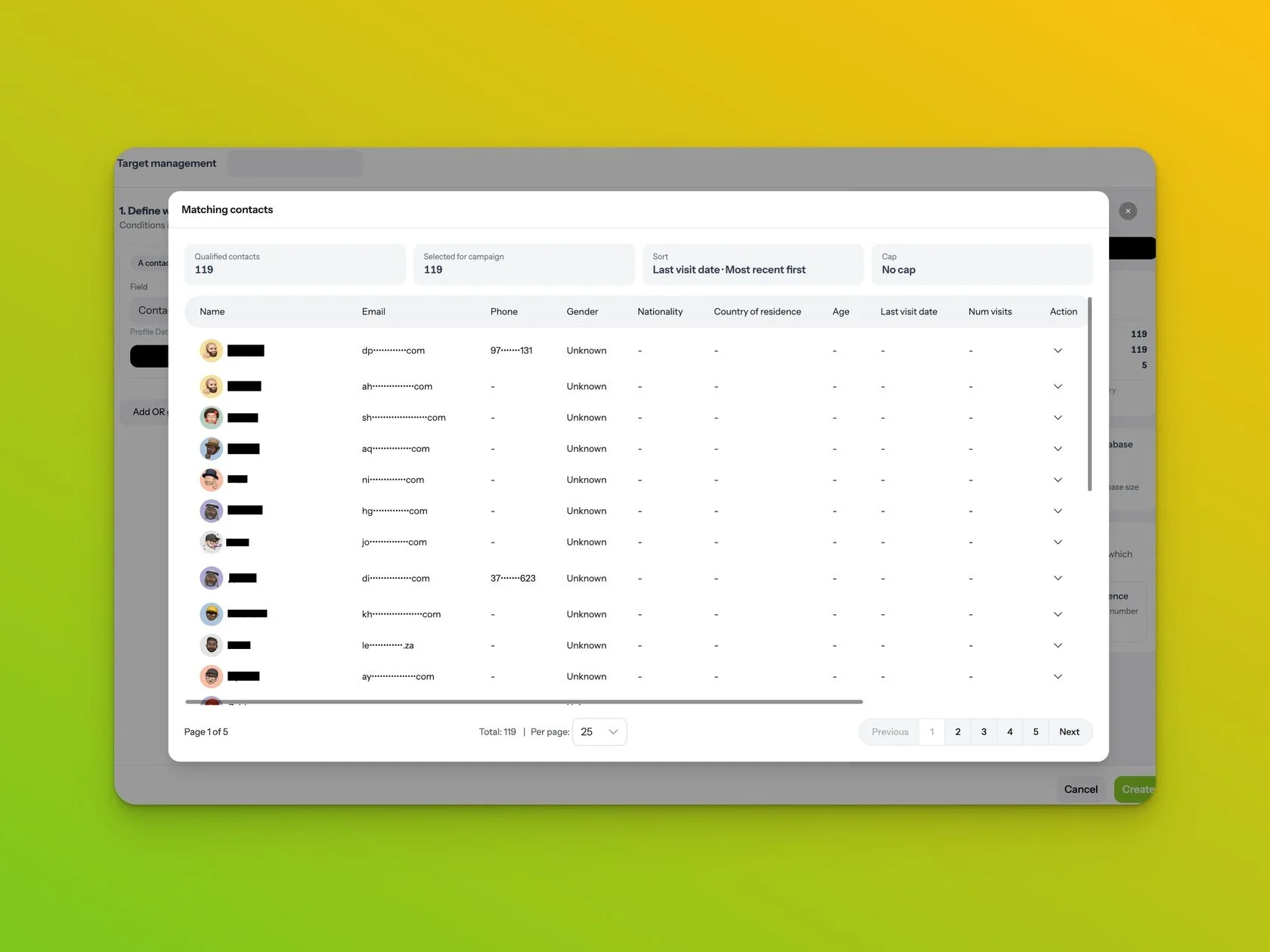 Campaign 2.0 Matching contacts preview for the selected audience