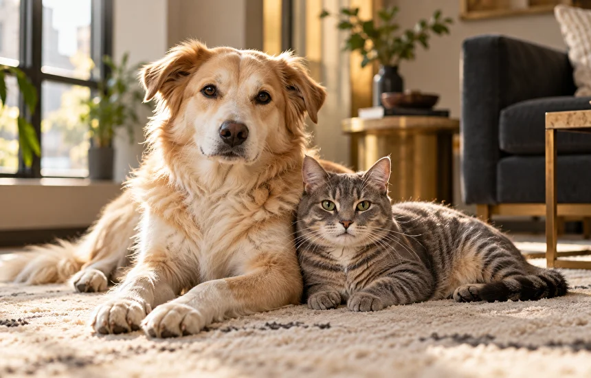 A dog and a cat resting together in a sunlit home