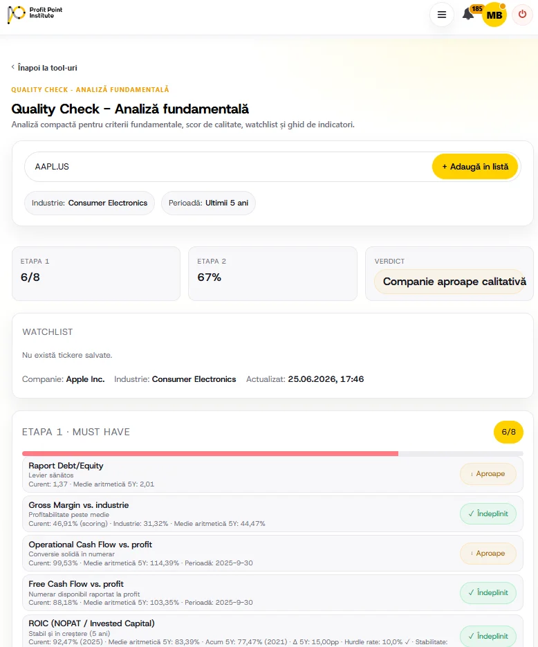 Interfata Quality Check pentru analiza structurata a unei companii
