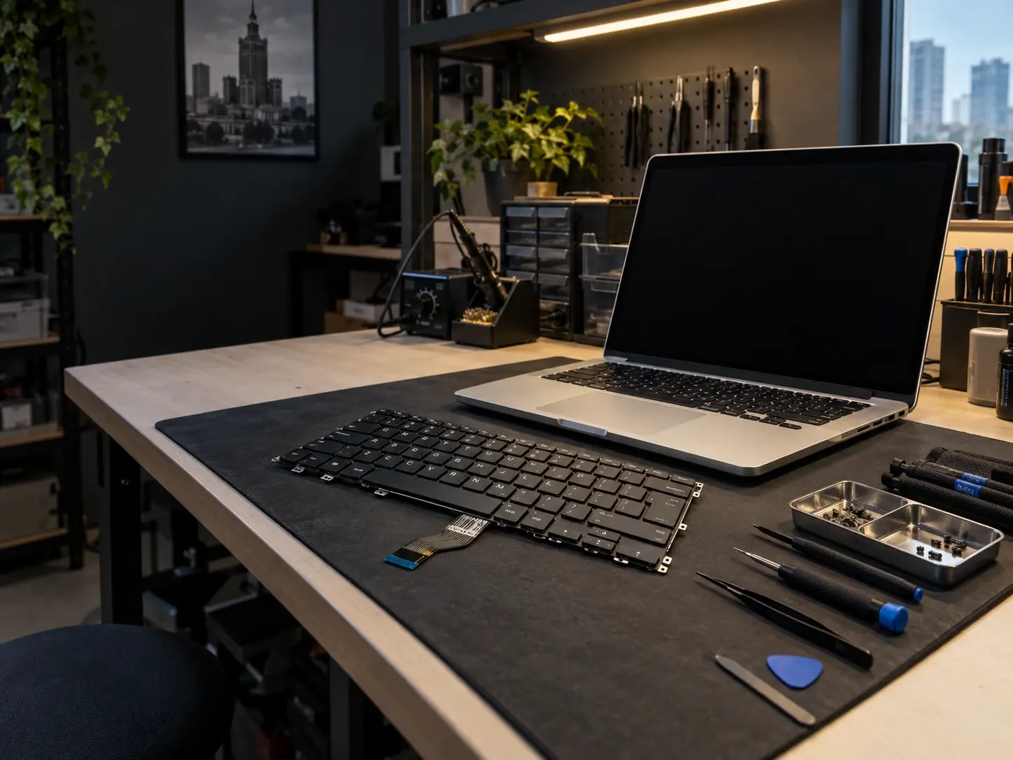Ilustracja laptopa i klawiatury przygotowanej do wymiany