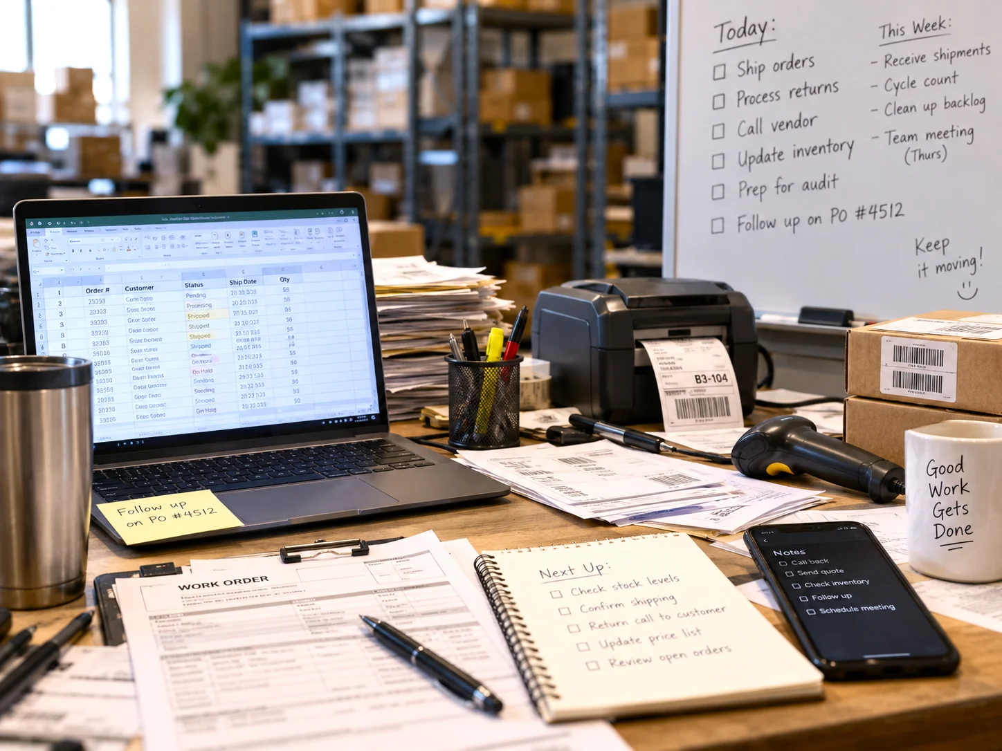 Busy business workspace with a laptop, phone, paperwork, handwritten notes, labels, scanner, and operational materials