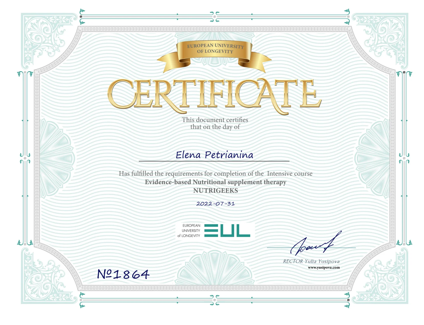 Certificate in evidence-based nutritional supplement therapy