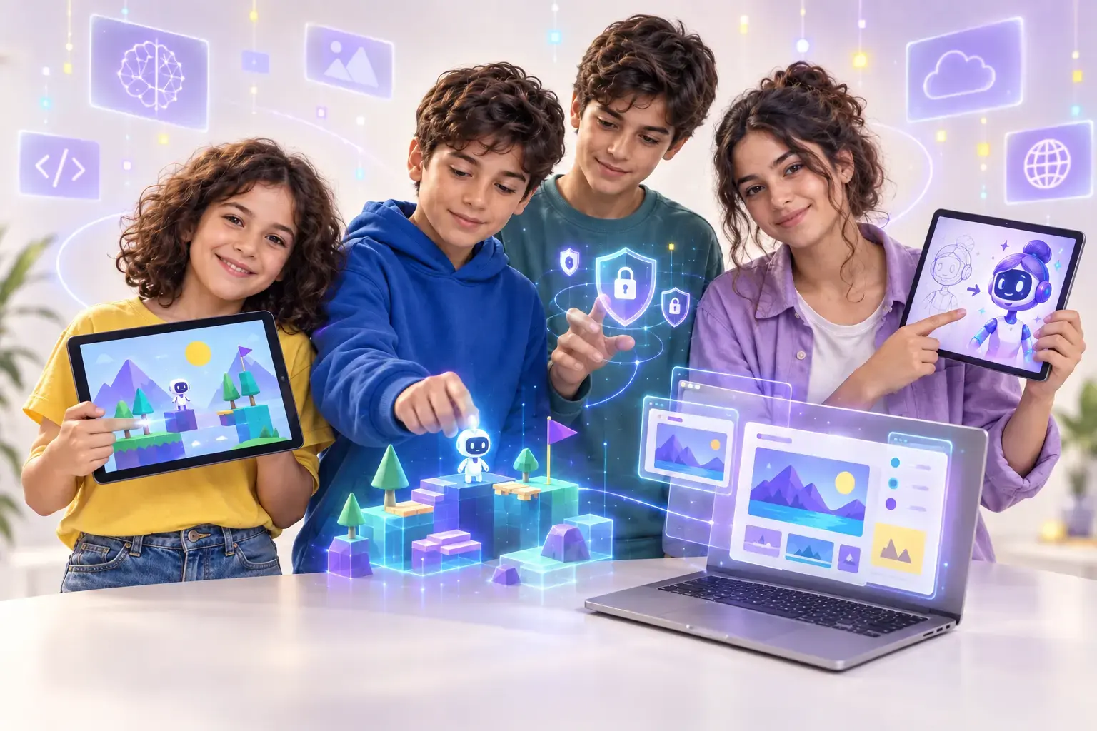 Παιδιά με tablets και laptop σε δημιουργικό περιβάλλον τεχνολογίας της Algorithmics