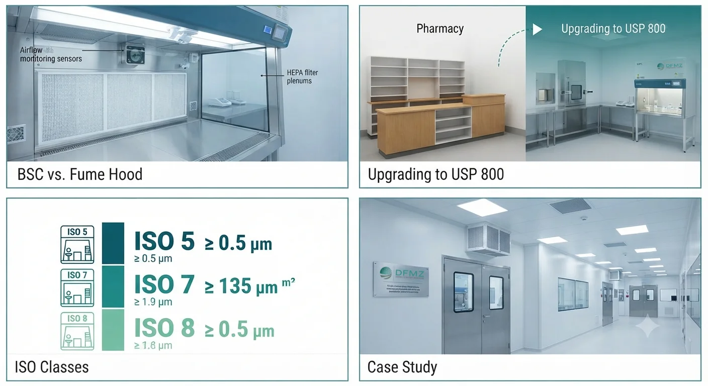 Overview graphic: BSC vs fume hood, upgrading to USP 800, ISO classes, and a DFMZ cleanroom case study