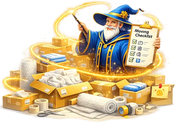 Moving wizard planning a move with checklist and boxes