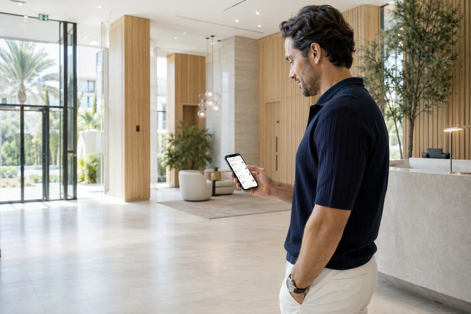 User accessing digital building services through a mobile app