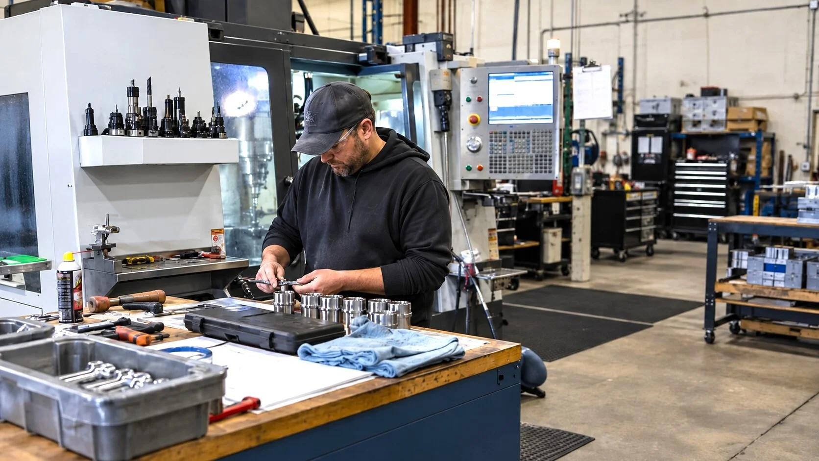 Machine operator working near CNC equipment in a small machine shop
