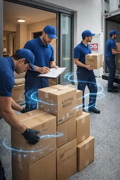 Labor only movers loading a rental truck with organized moving help