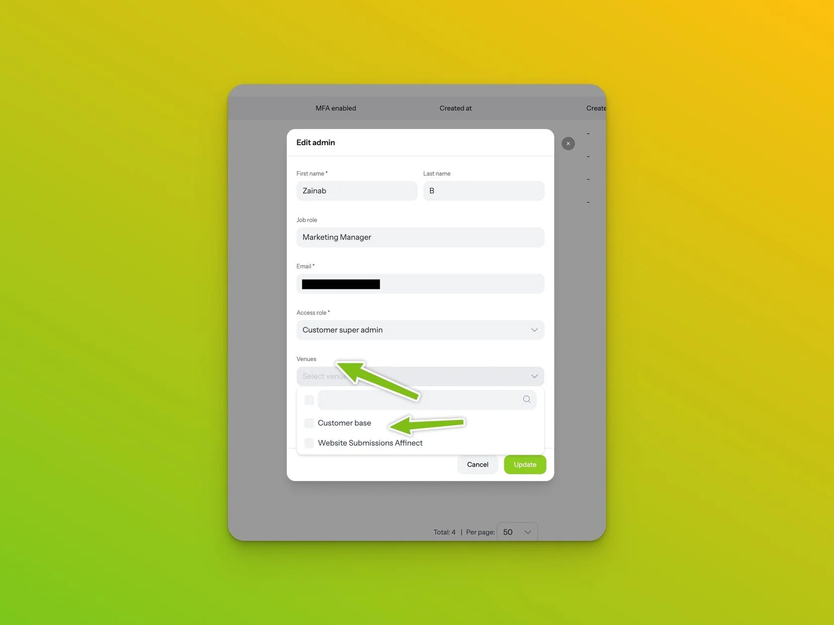Edit admin modal with Venues multi-select assignment