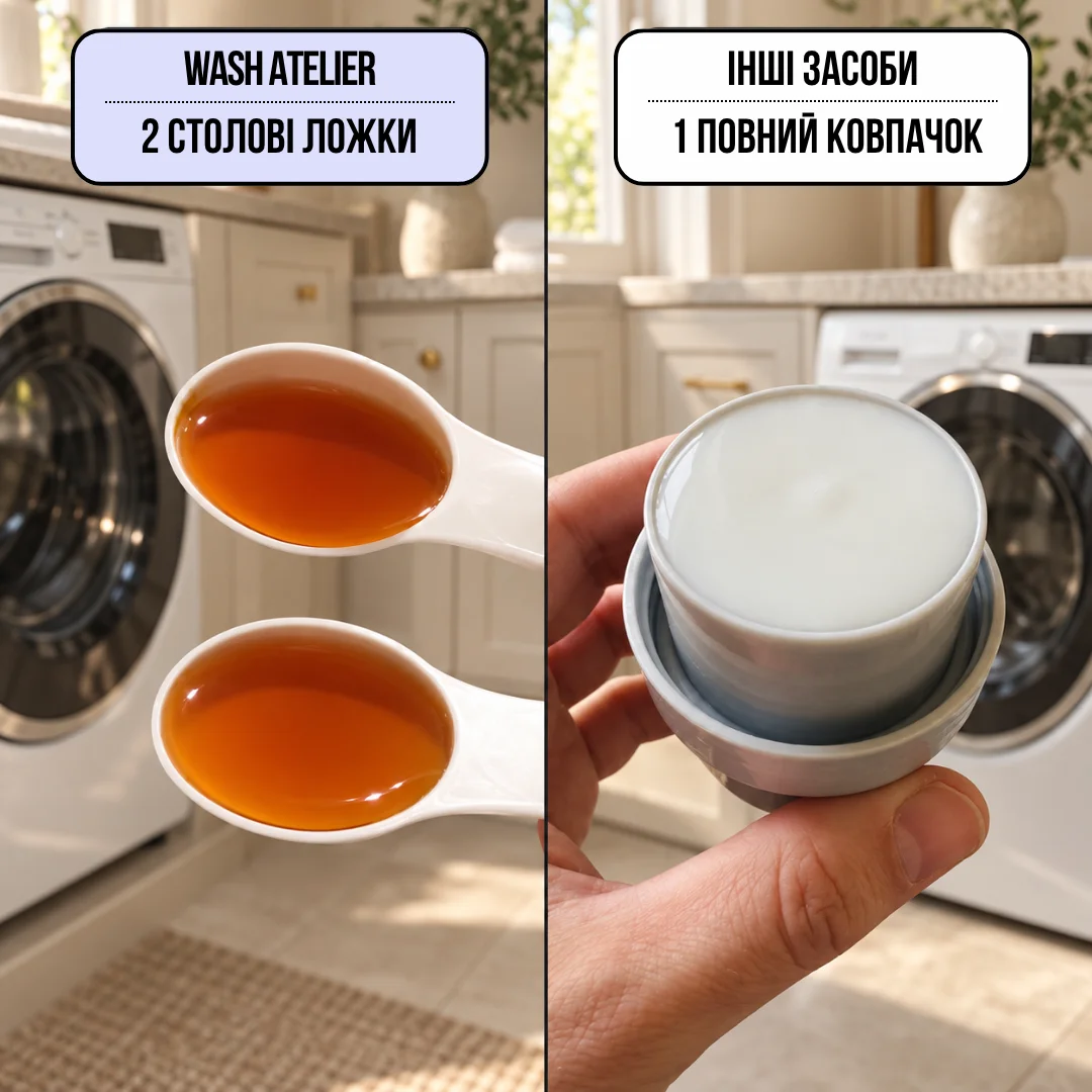 Порівняння кількості засобу для прання: дві столові ложки Wash Atelier та повний ковпачок іншого засобу.