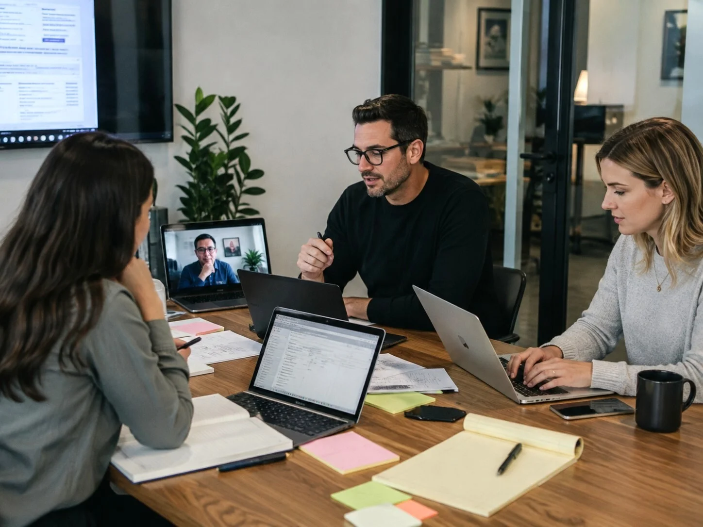 Professional agency team working on a client project with laptops, notes, and a client call in progress