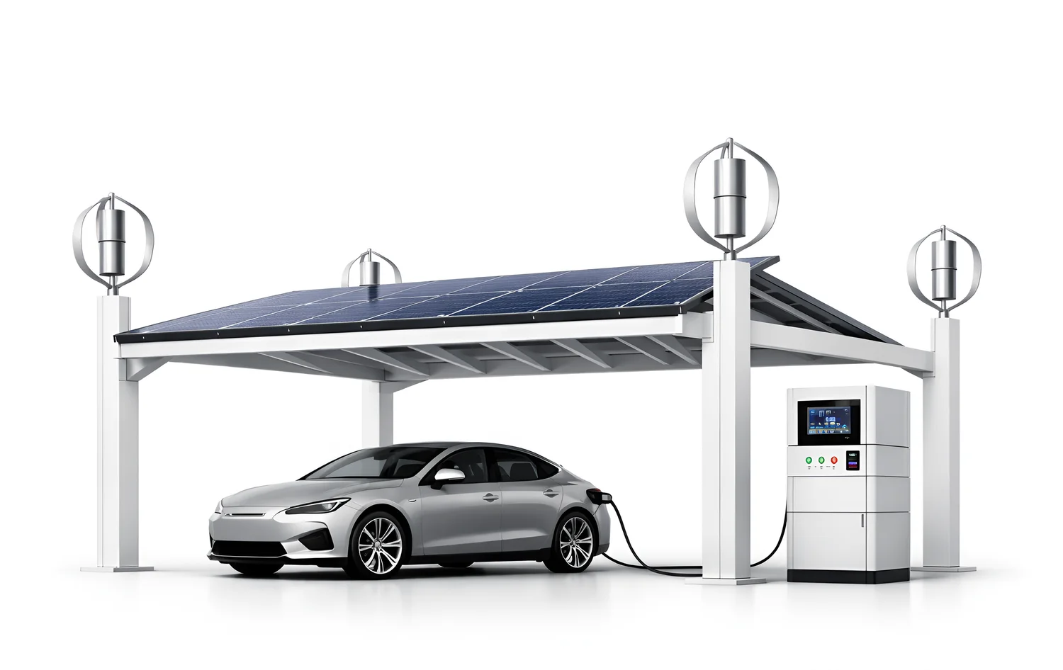 UnpluxEra off-grid solar and wind EV-charging carport — product render
