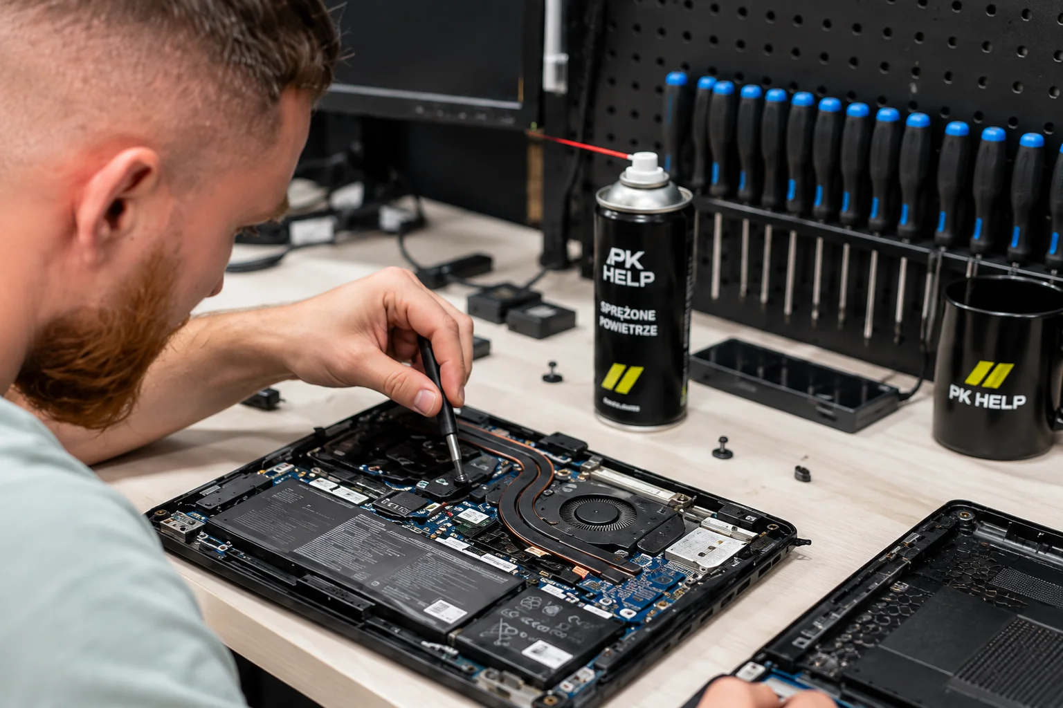 Technik podczas czyszczenia układu chłodzenia laptopa