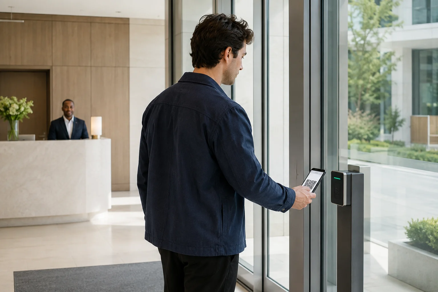 Visitor entering a building with a digital mobile pass