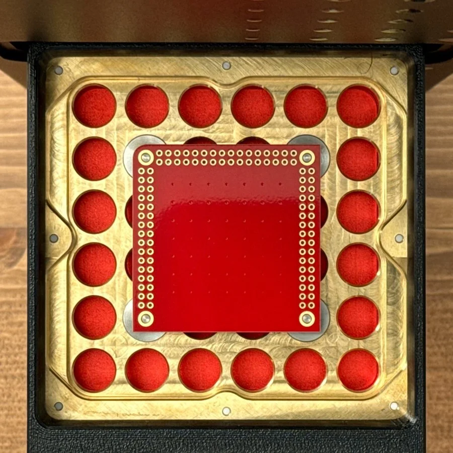 53 × 53 mm PCB blank positioned in the PewCB work tray
