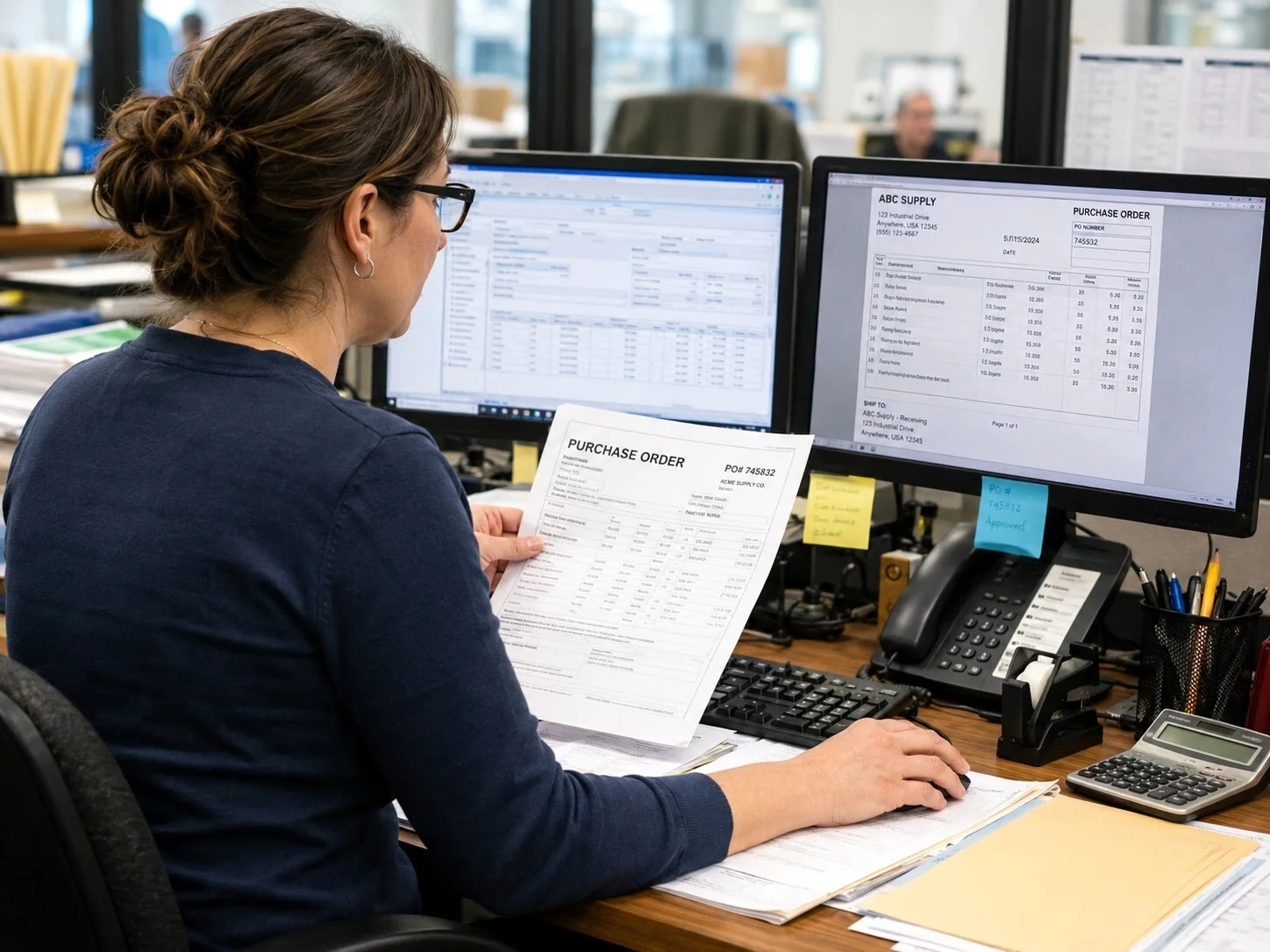 Order-entry employee reviewing a customer purchase order beside an ERP order-management screen