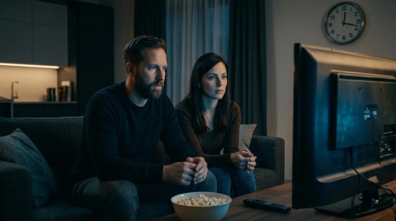 Couple watching TV intently in a dark room