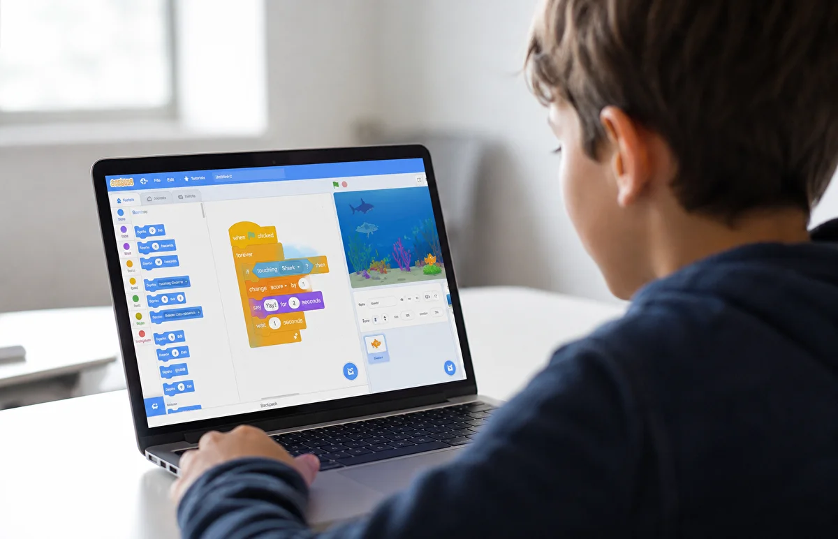 Barn på 8–10 år bygger sit eget projekt på en computer hos Impact Academies