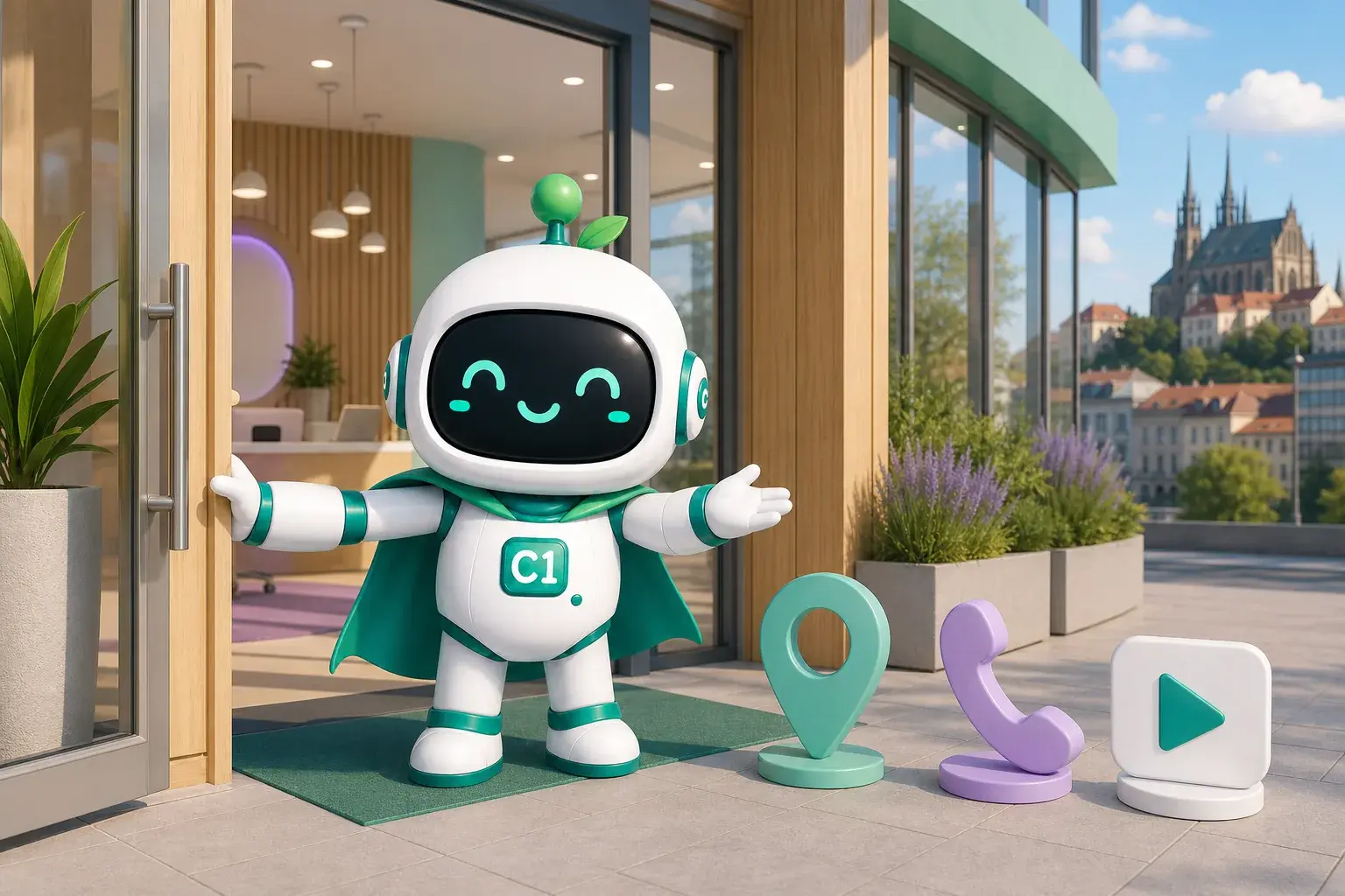 Маскот CENTR1 встречает клиента у офиса в Брно