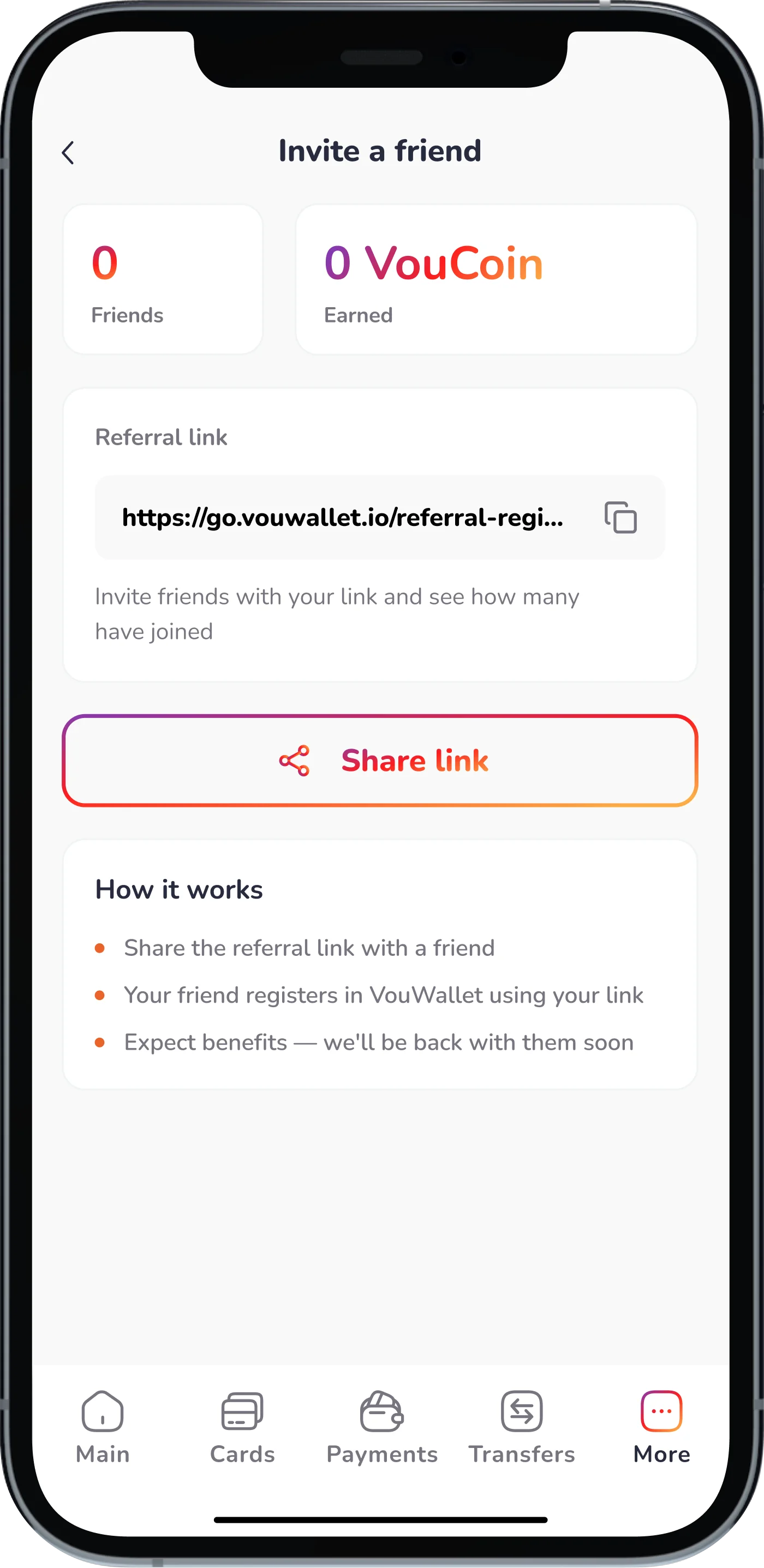 “Invite a friend” screen — share your referral link
