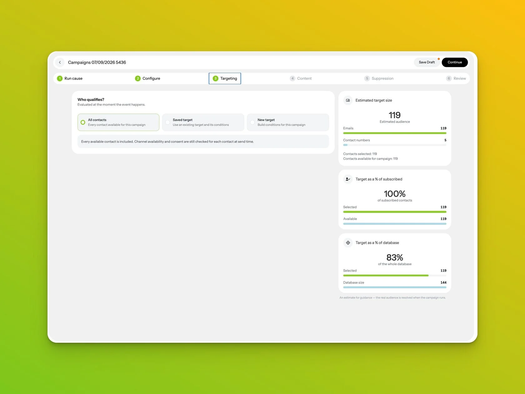 Campaign 2.0 Targeting step with estimated audience size by channel