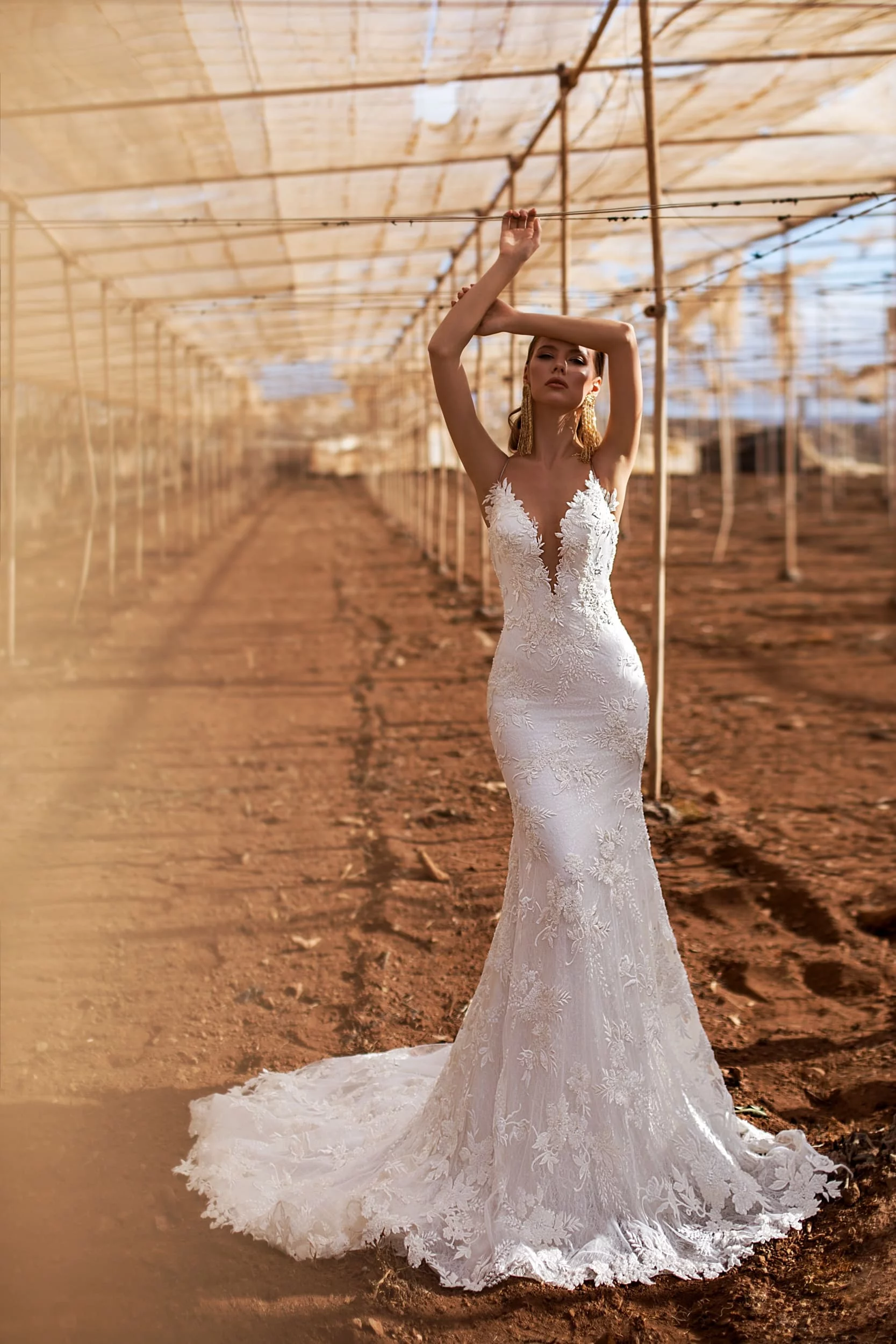 Spaghetti Strap Lace Fit And Flare Wedding Dress With Plunging Neckline And  Open Back