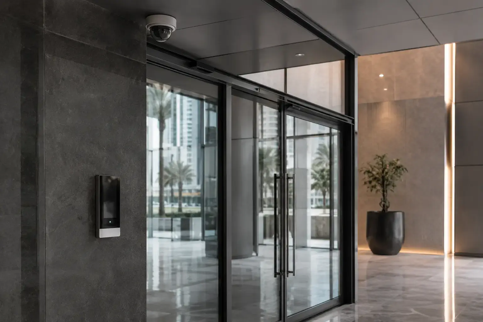 Integrated access control and CCTV at a modern building entrance