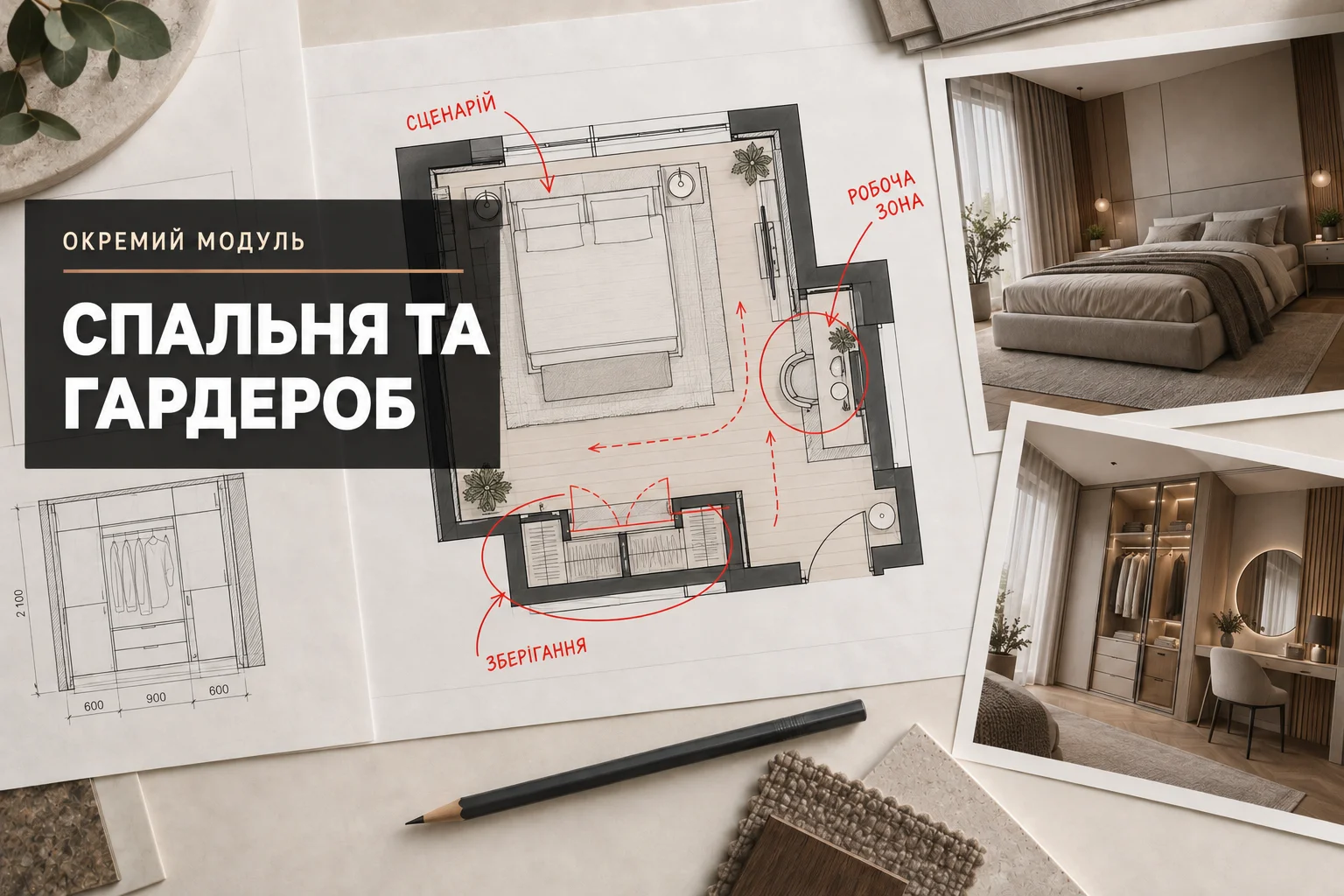 План спальні з перевіркою сценаріїв, робочої зони та зберігання