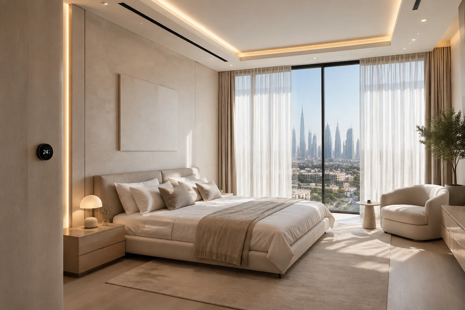 Bright bedroom suite with automated lighting, climate and motorized curtains