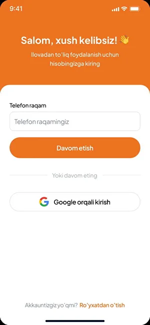 Kirish: telefon raqam yoki Google orqali