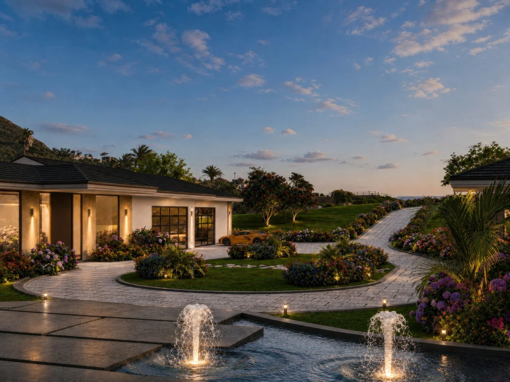 Maui estate — entrance courtyard at dusk