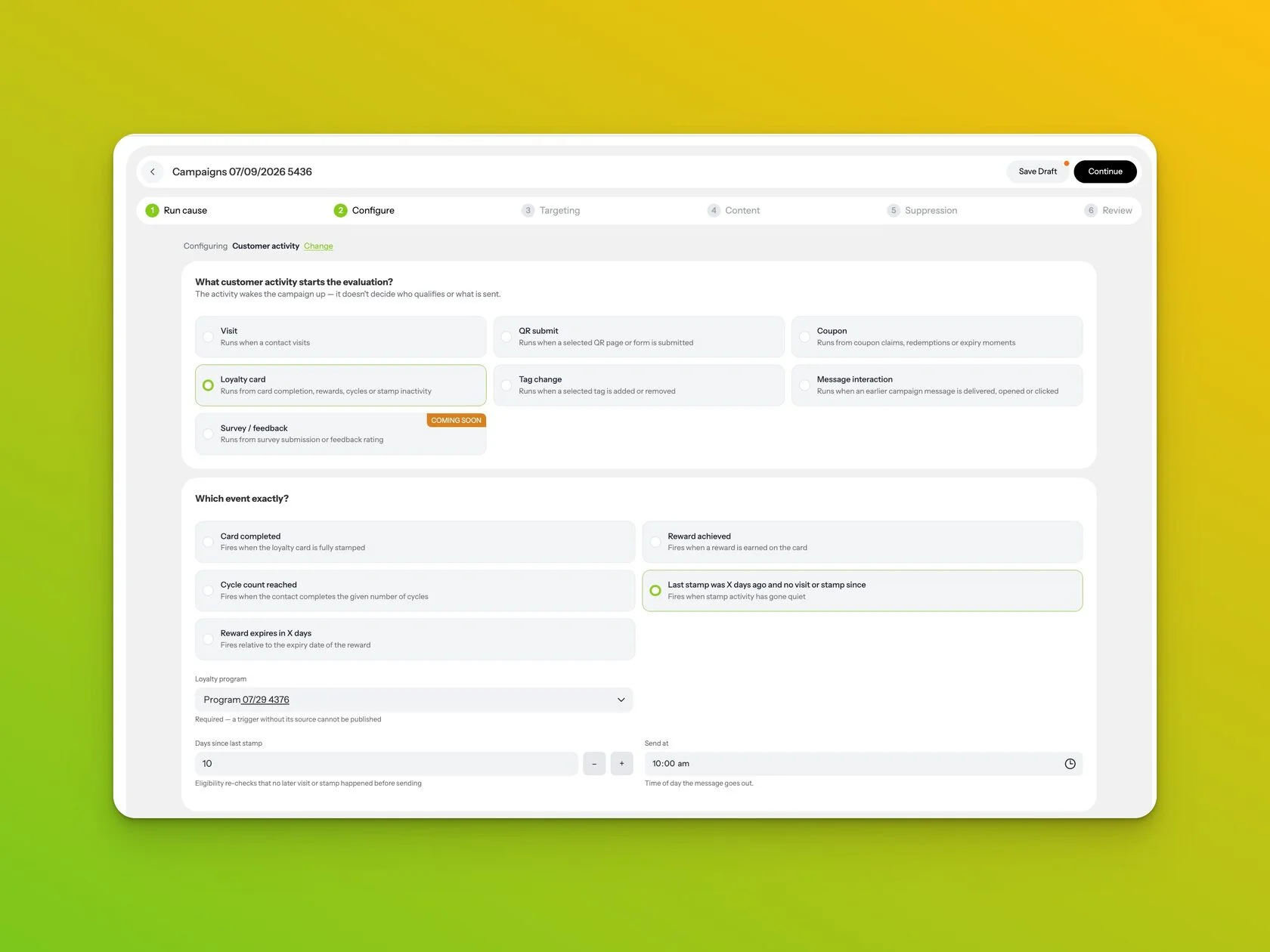 Campaign 2.0 Configure step for loyalty card inactivity trigger