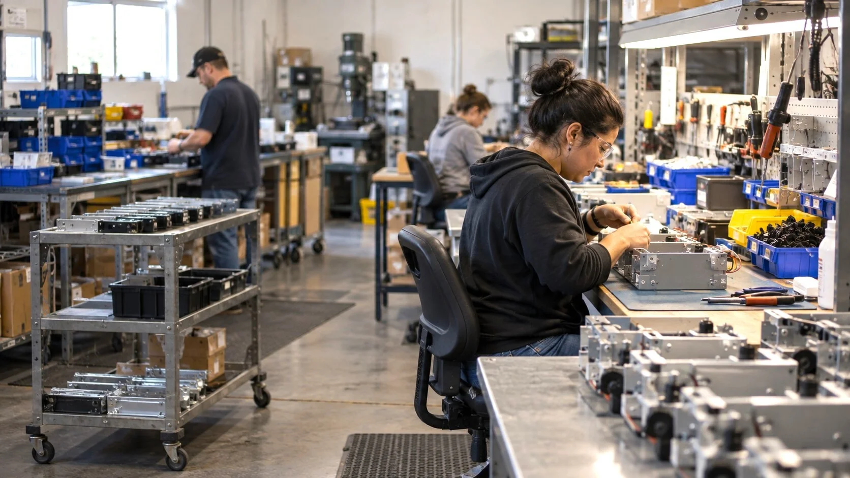 Workers assembling products on a small light-manufacturing production floor