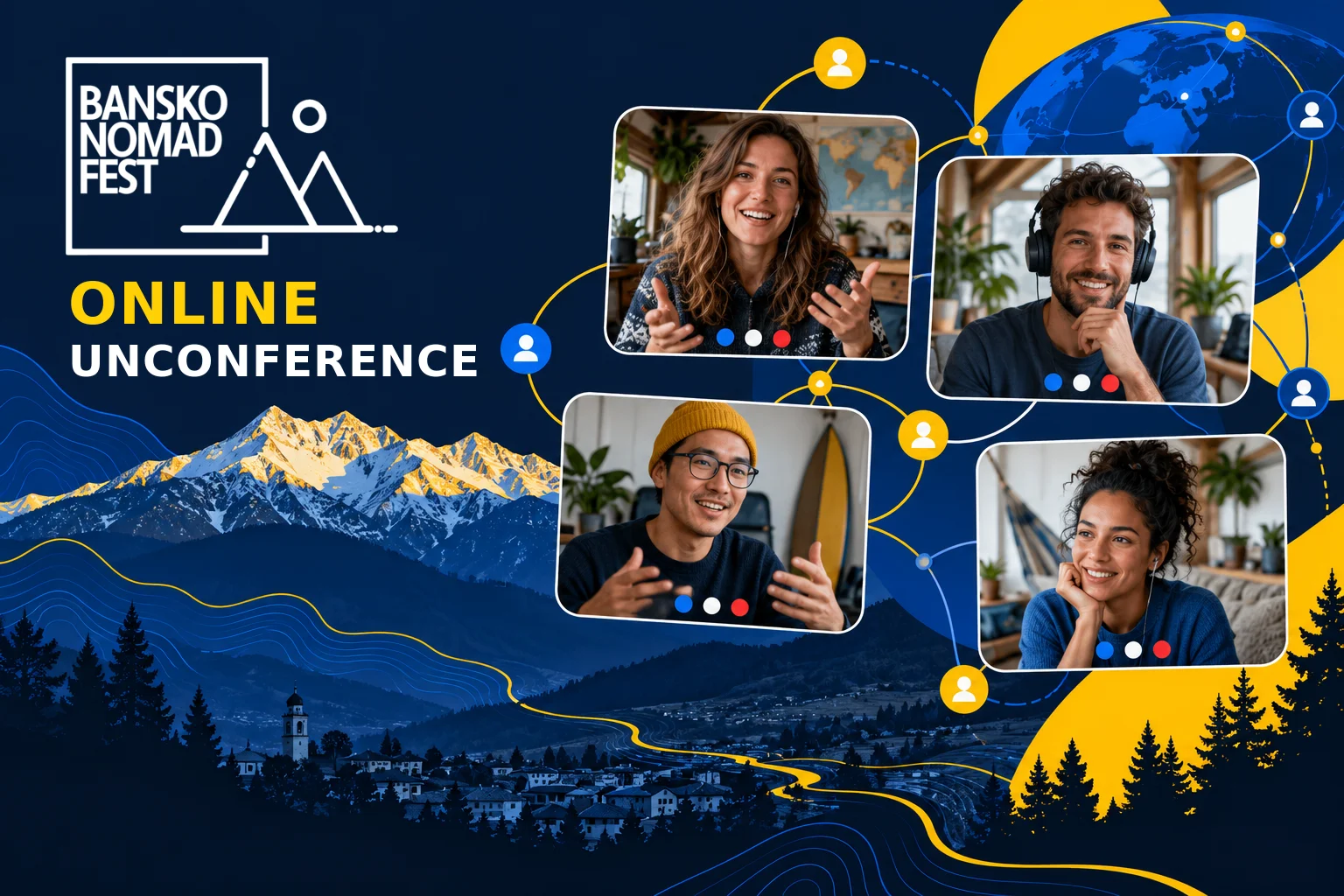 Digital nomads connecting online with Bansko and the Pirin Mountains in the background