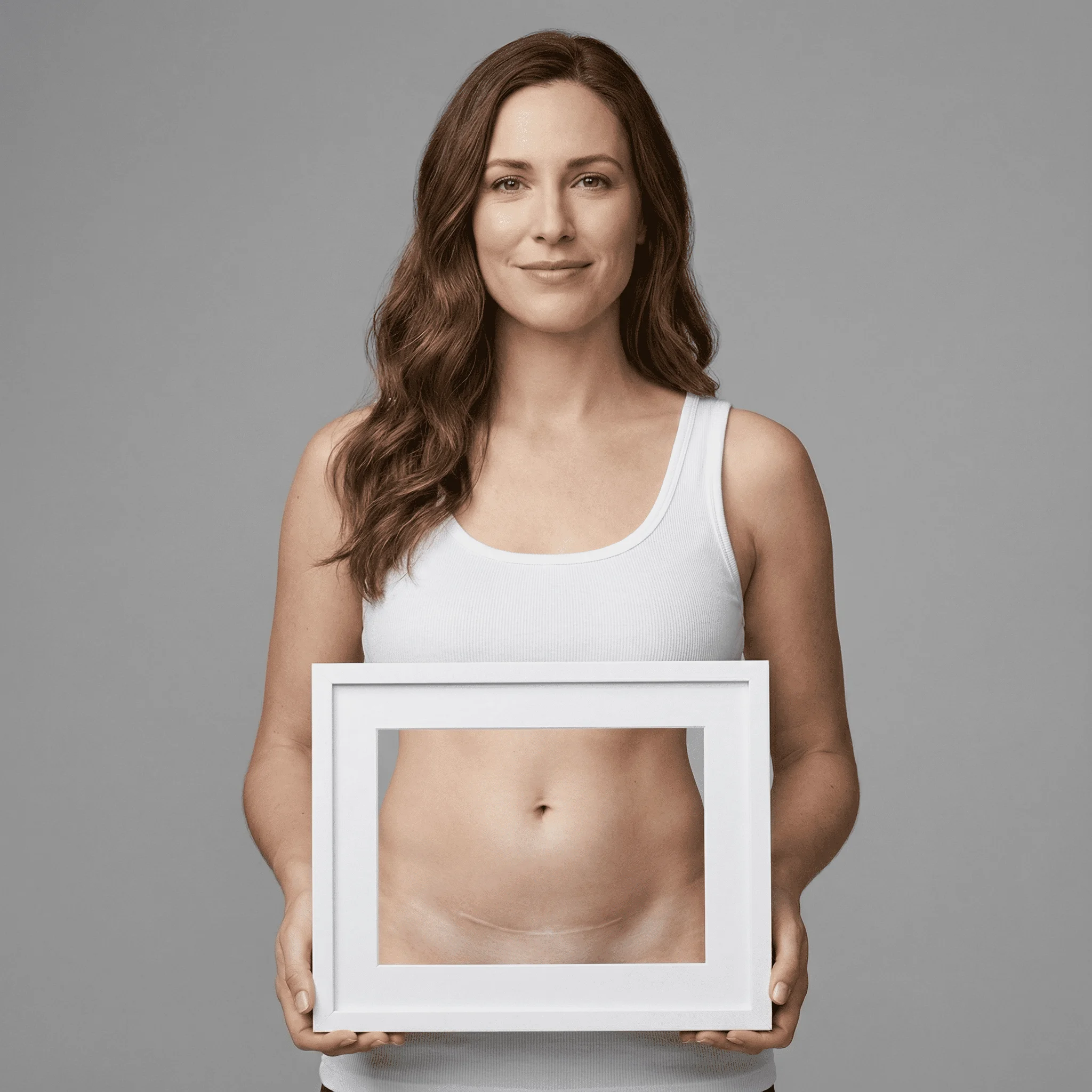 Femme tenant un cadre révélant une cicatrice de césarienne — camouflage par dermopigmentation réparatrice