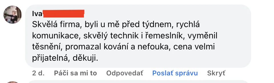 Facebook recenze zákazníka VOLITA 5