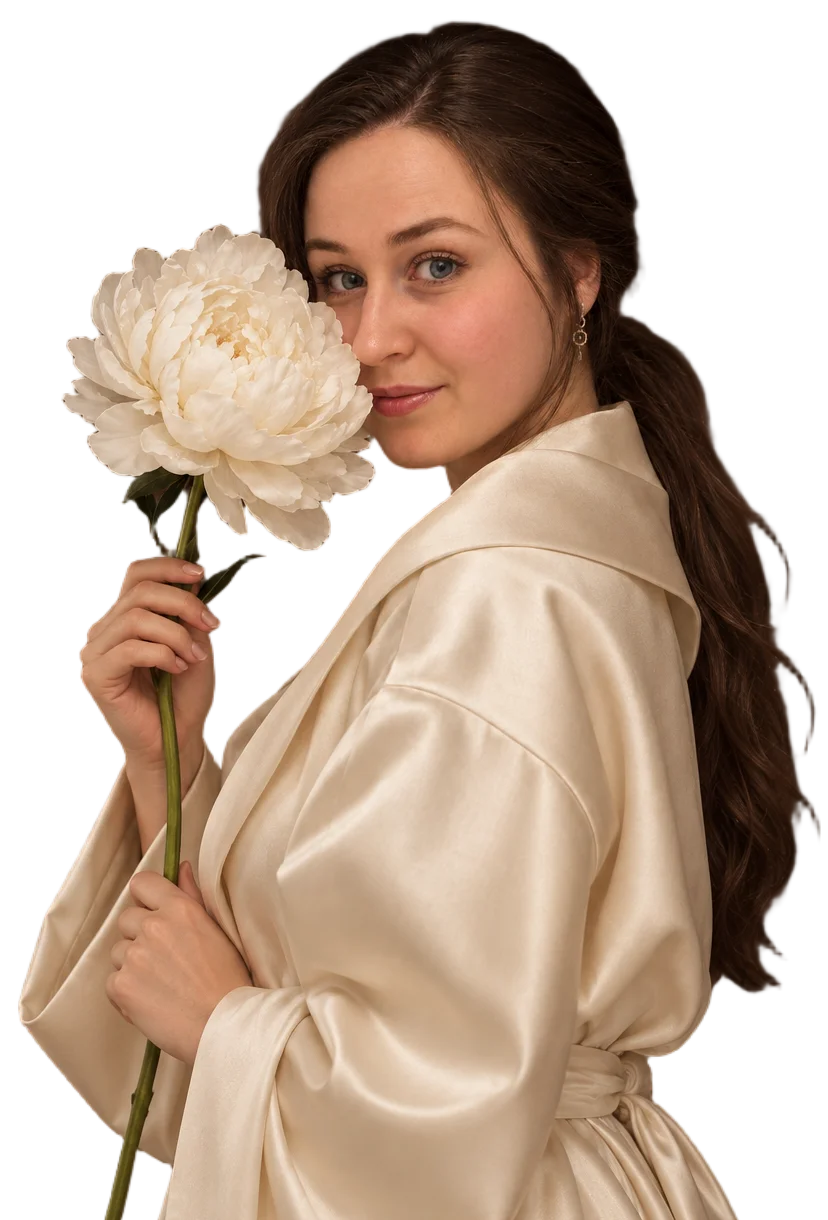 Anastasiia Sapeho, Vedic astrologer, holding a white peony