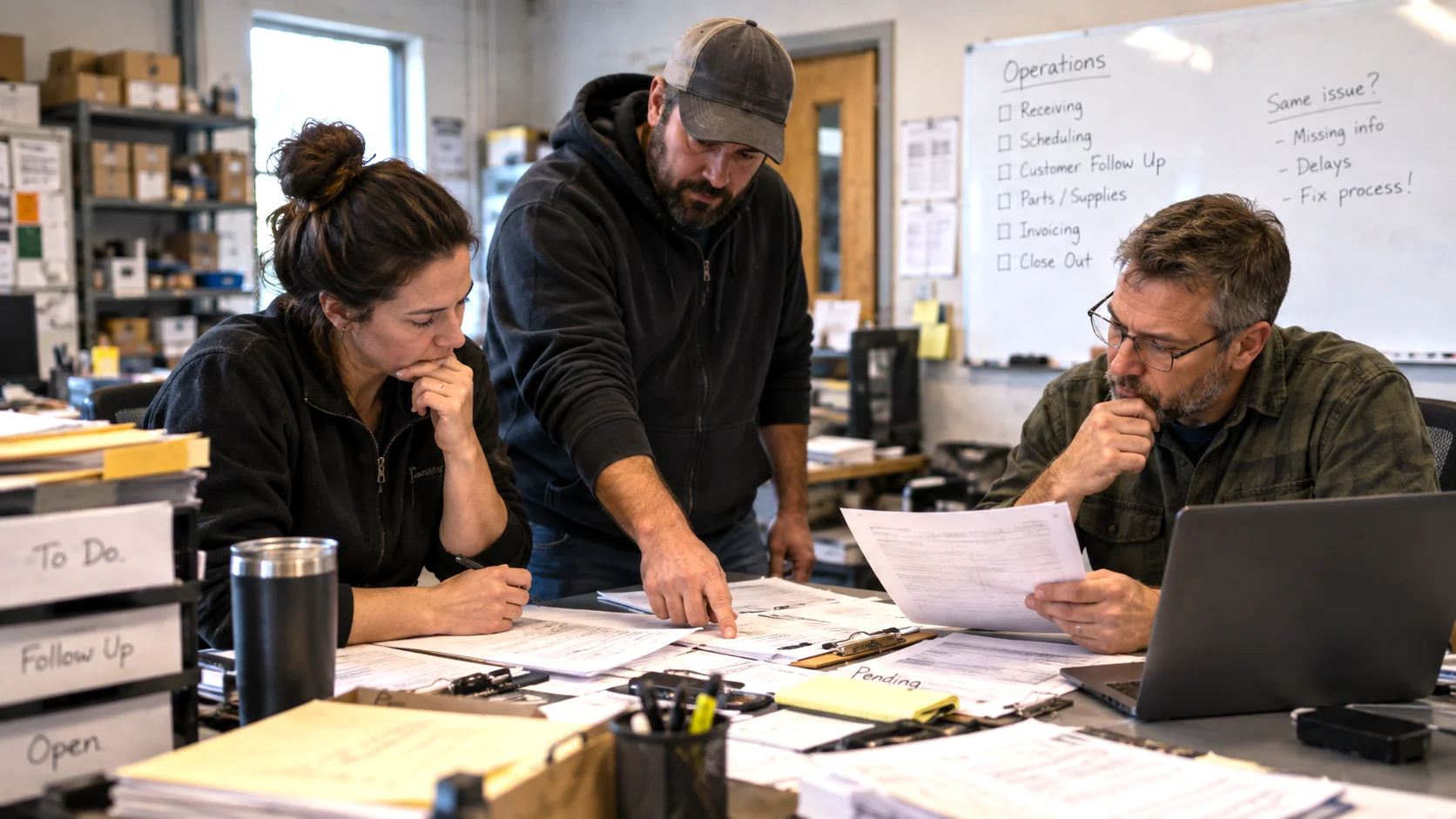 Business operators reviewing messy operational paperwork and workflow information together