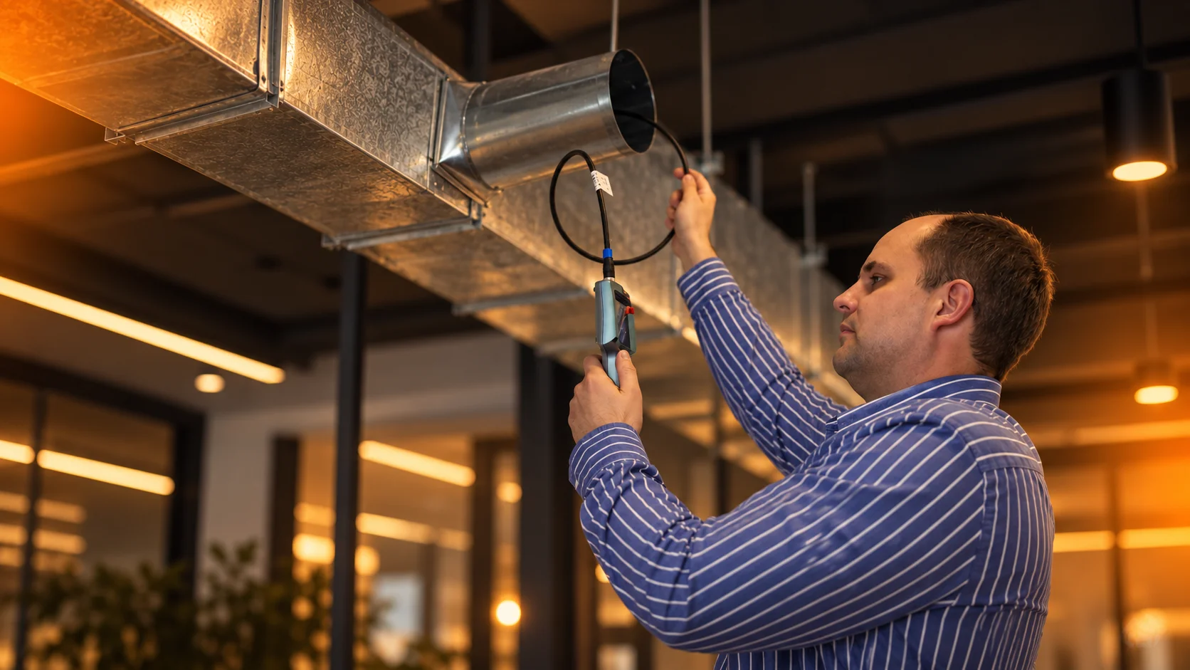 HVAC technician using a duct inspection camera to inspect air ductwork