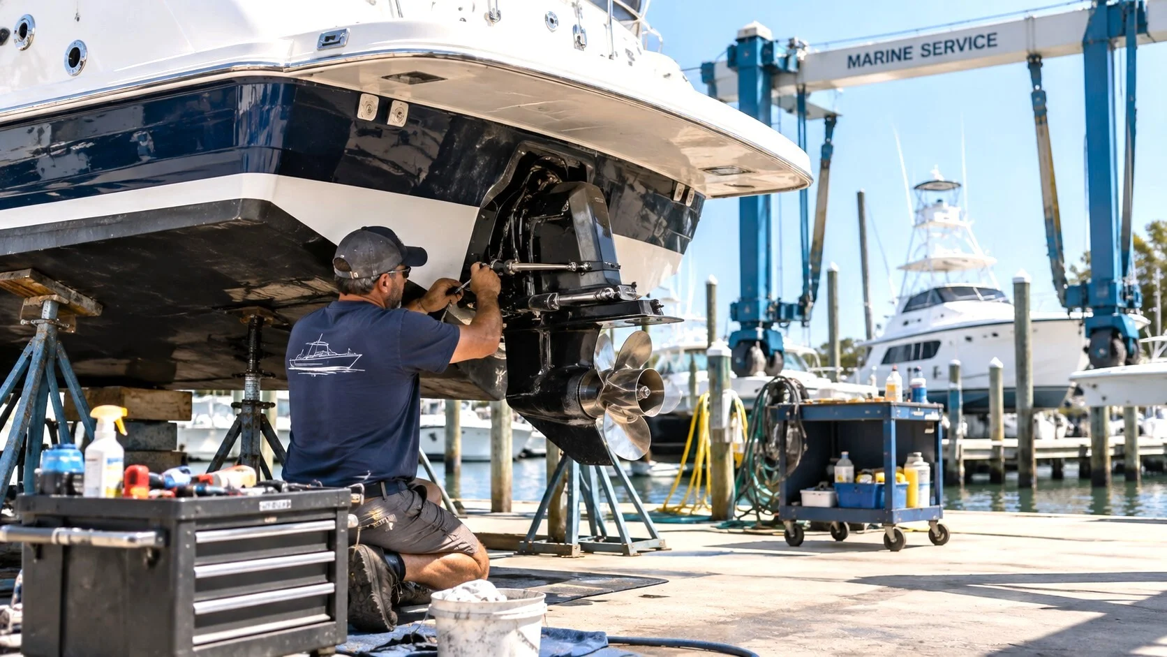 Technician servicing a boat in a marina service yard