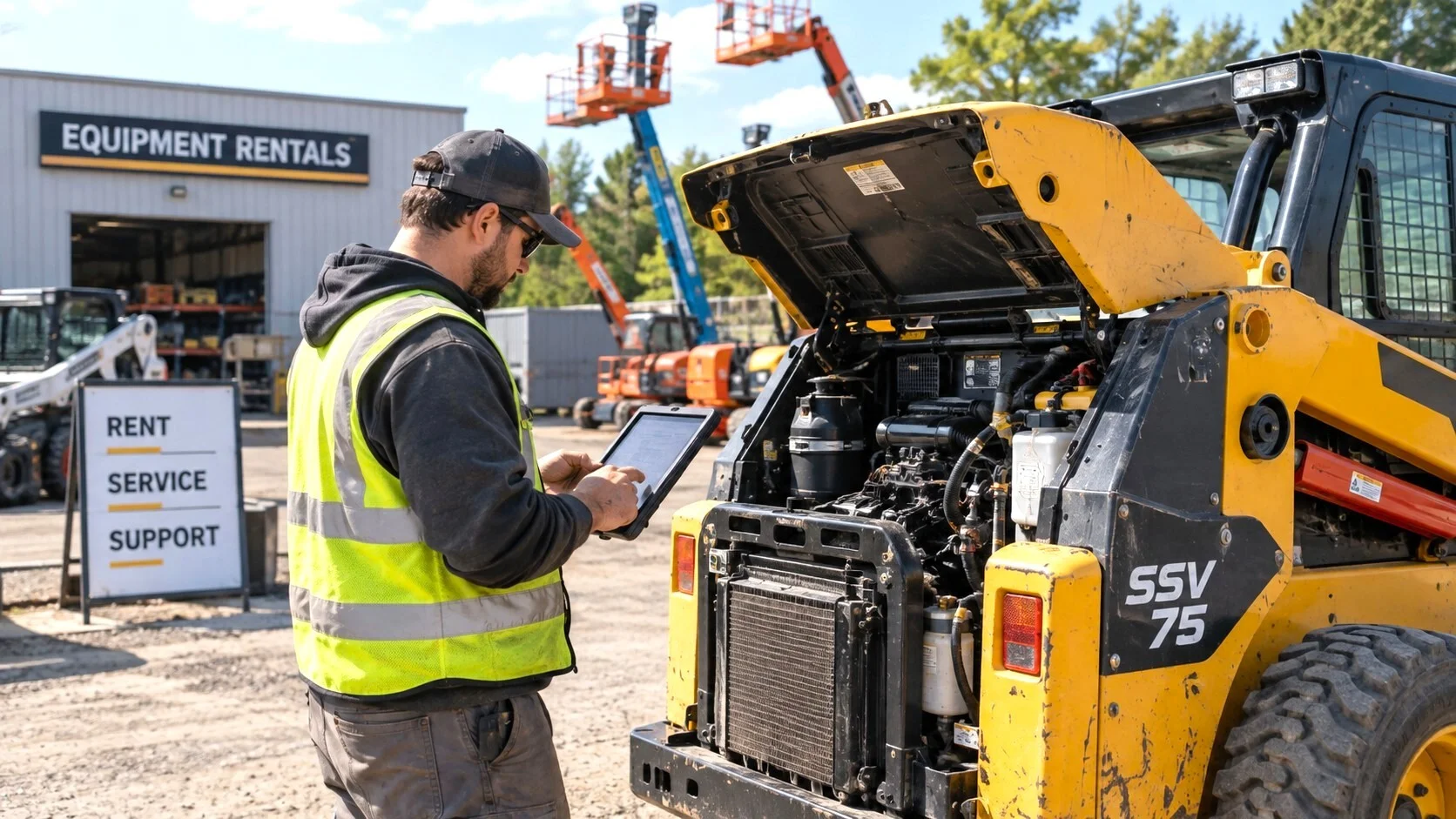 Equipment rental yard with a machine being inspected using a checklist or tablet