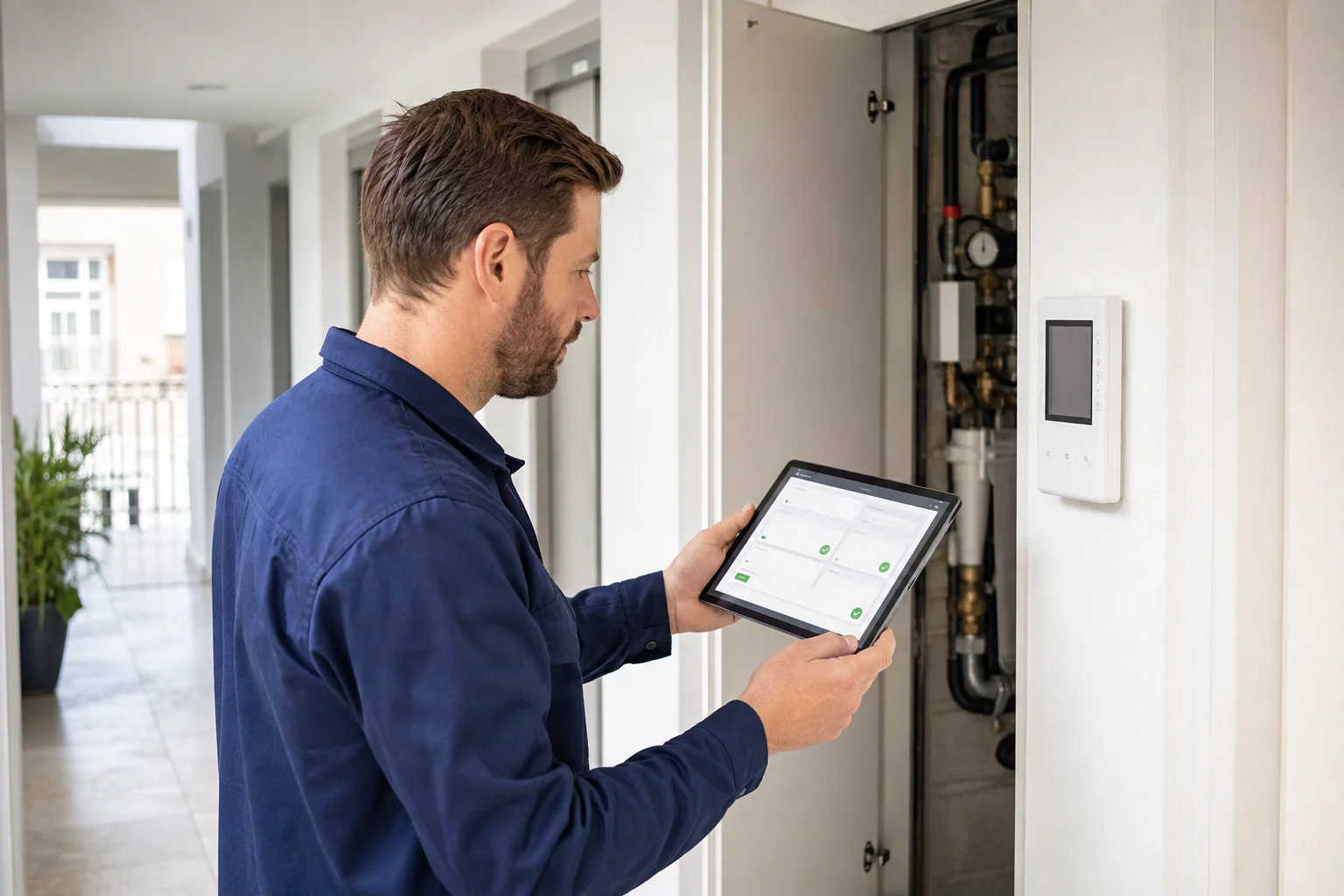 Maintenance technician checking a digital service request on a tablet
