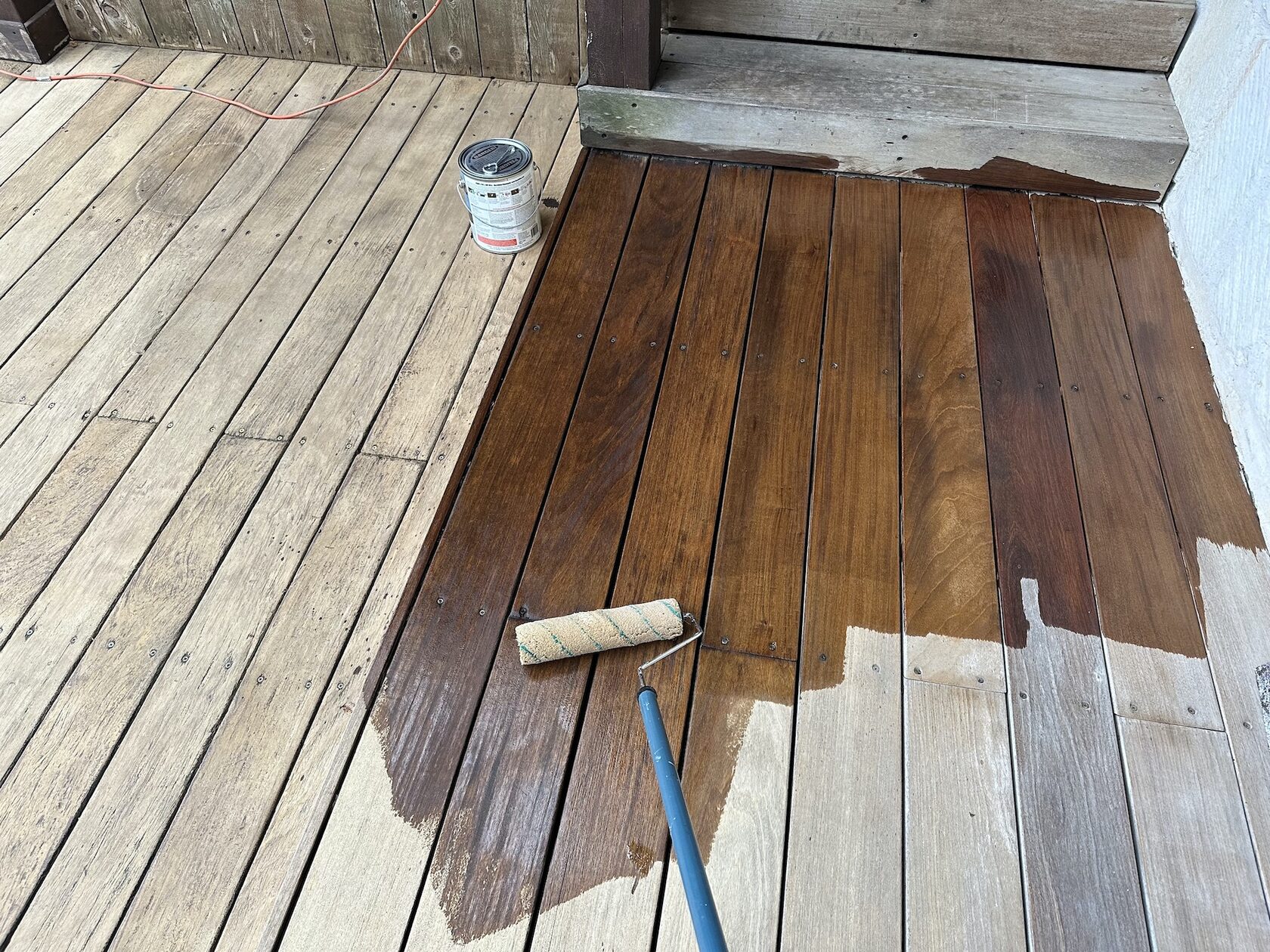 IPE deck restoration Lakeway TX — before and after hardwood sanding and oil finish Lake Travis
