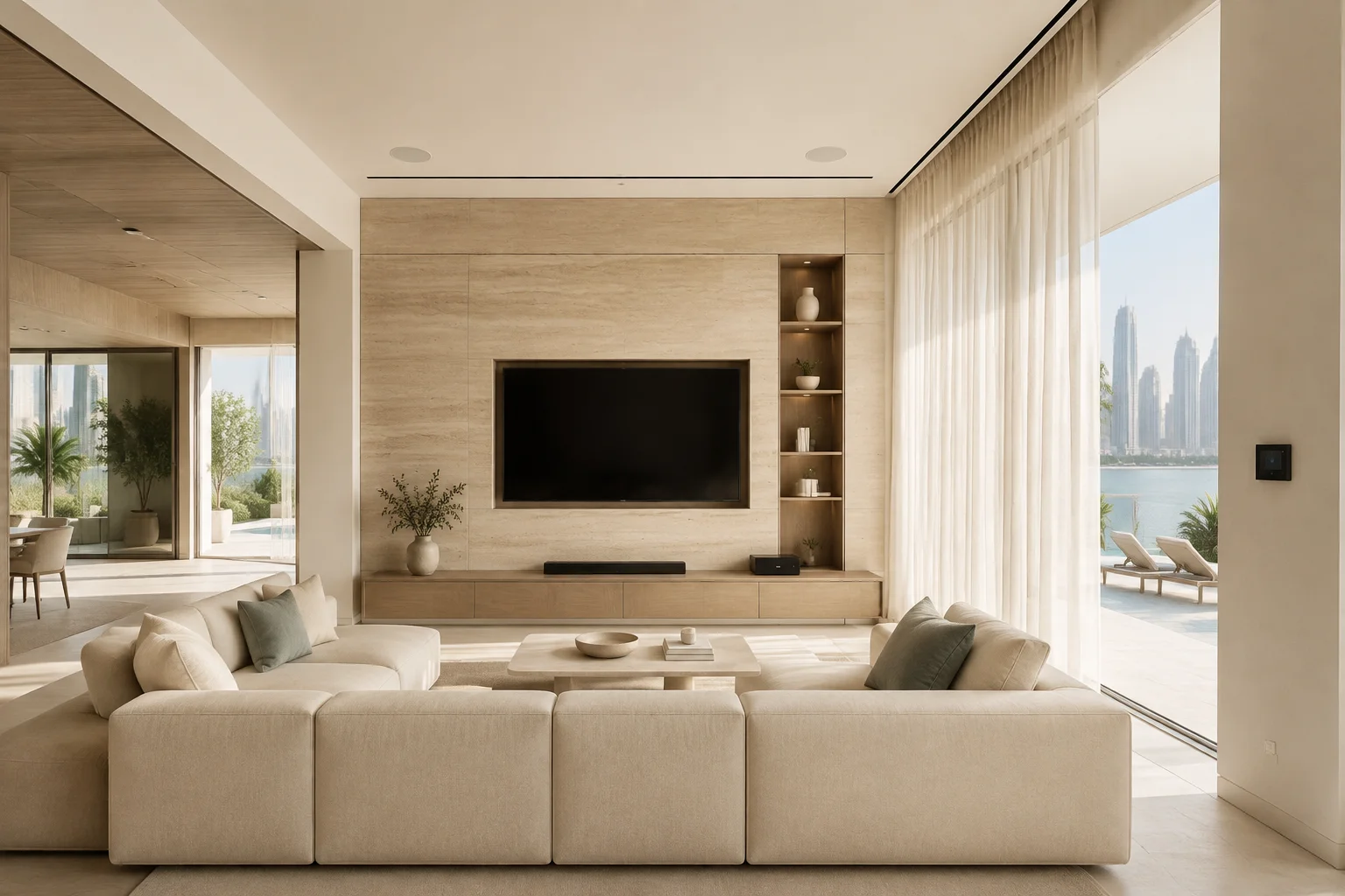 Bright hospitality interior with integrated lighting and automation