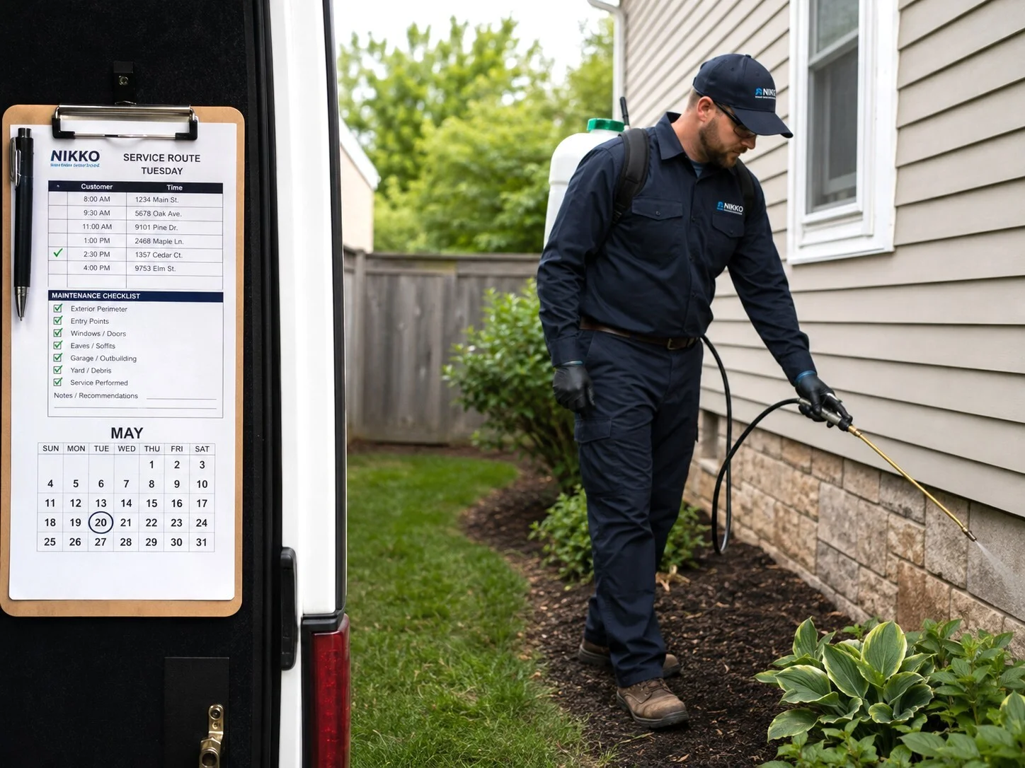 Cleaning professional performing scheduled recurring service with a weekly service schedule visible nearby