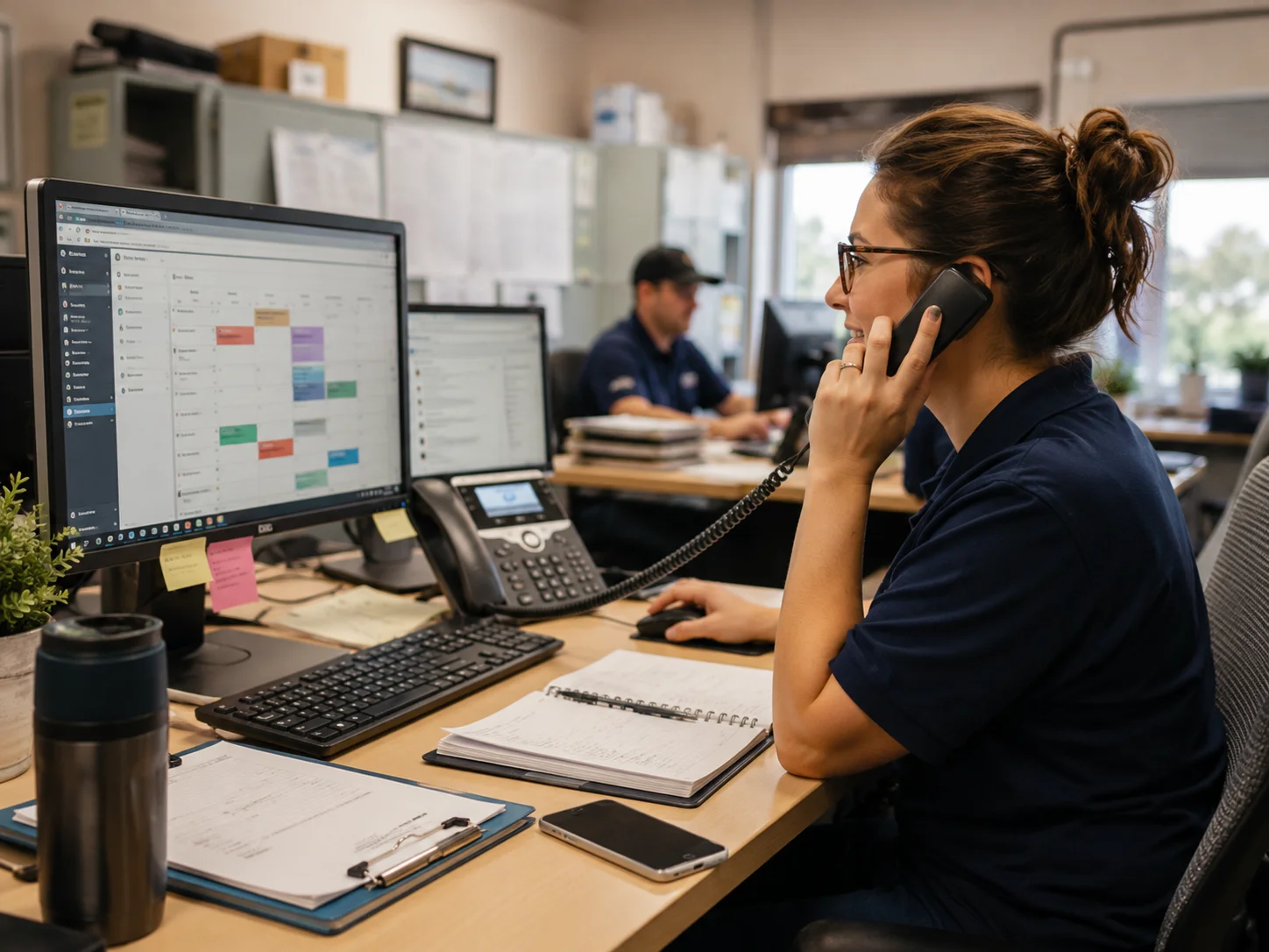 Dispatcher handling incoming customer calls and scheduling in a service-business office