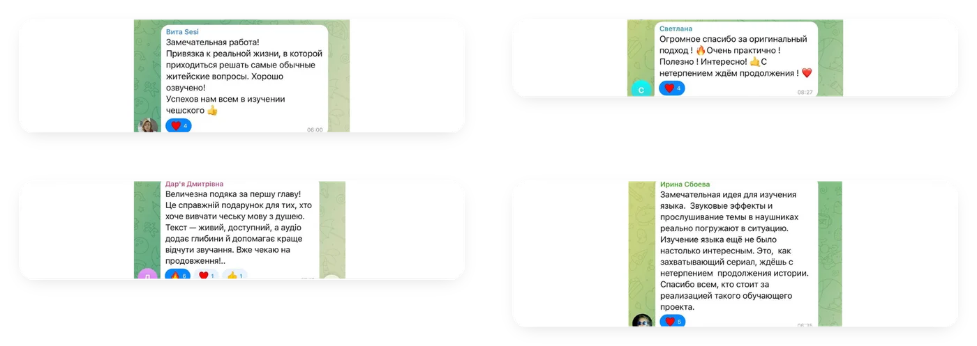 Screenshoty reálných recenzí z Telegramu
